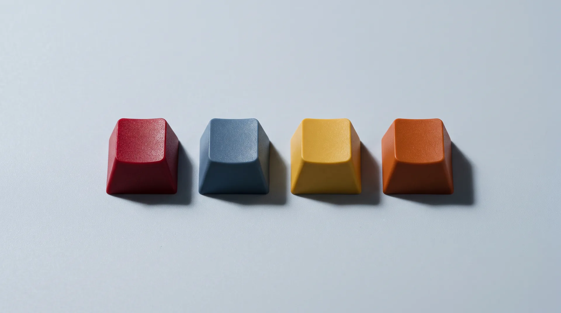 Four loose keycaps in red, slate blue, yellow and orange on a grey surface.